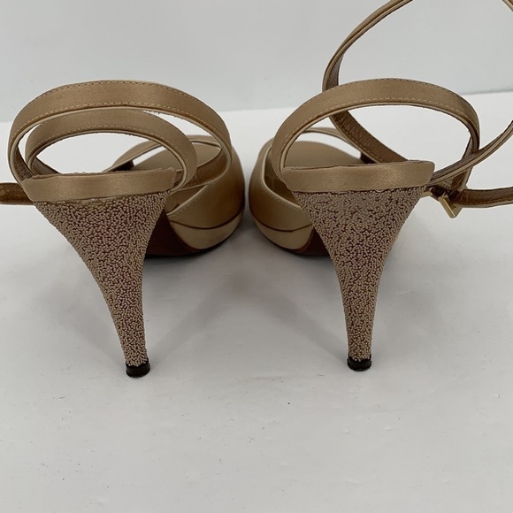 Hugo Boss tan satin ankle wrap sandal shoe champagne beaded heel platform 37.5 7 - Picture 7 of 9